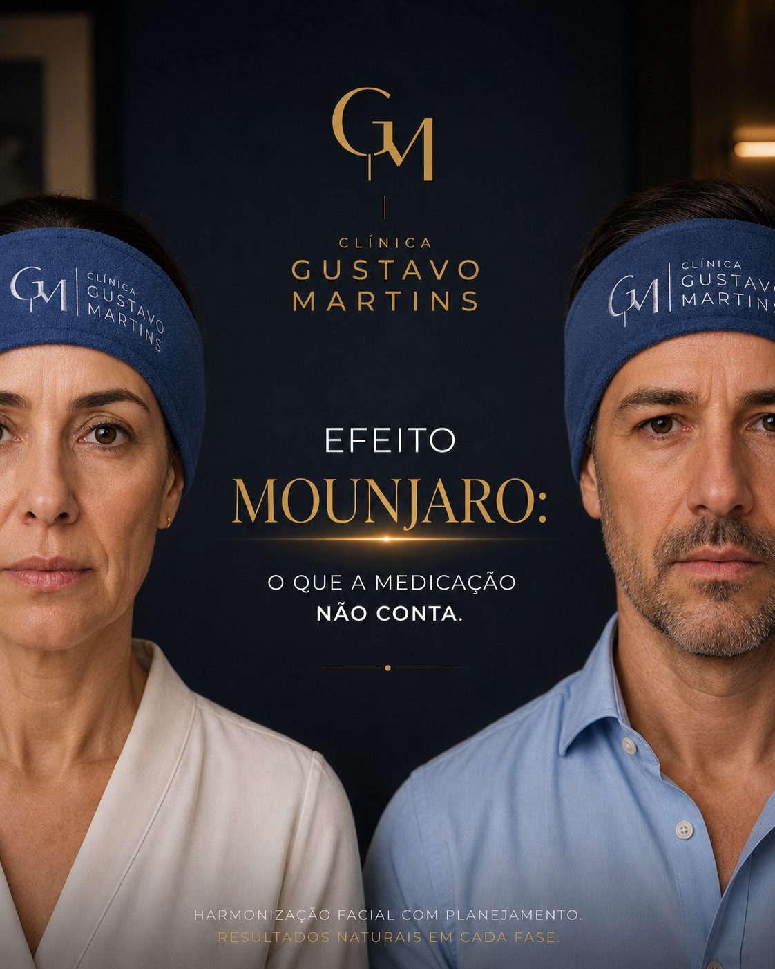 Homem e mulher com faixa da Clínica Gustavo Martins representando o cuidado estético facial durante o emagrecimento com Mounjaro